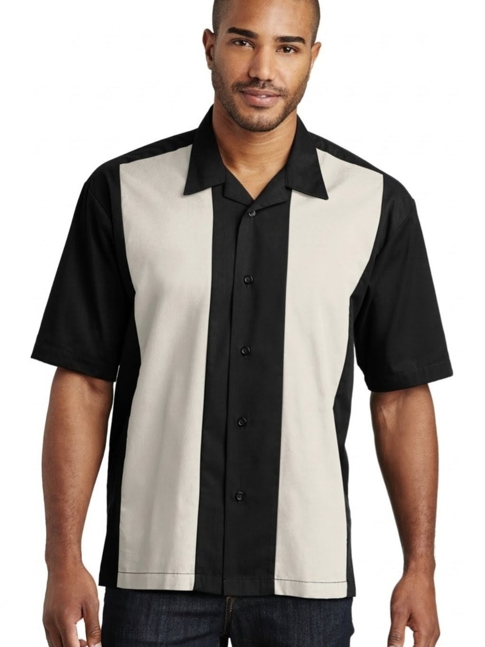 Men's Bowling Shirt Black and Cream Short-Sleeve Button-Down